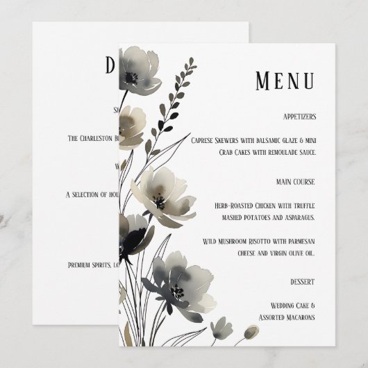 Beige Neutral Floral Wedding Menu (Voorkant / Achterkant)