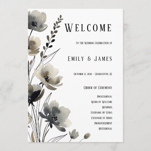 Beige Neutral Floral Wedding Programmakaart (Voorkant)
