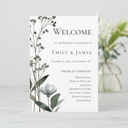 Beige Neutral Floral Wedding Programmakaart (Staand voorkant)