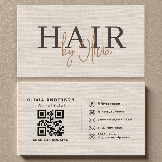 Beige Neutral Linen QR Code Hair Stylist Visitekaartje