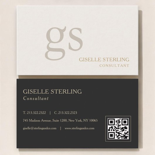 Beige Neutral Monogram QR Code Professional Visitekaartje