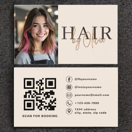 Beige Neutral Photo QR Code Hair Stylist  Visitekaartje