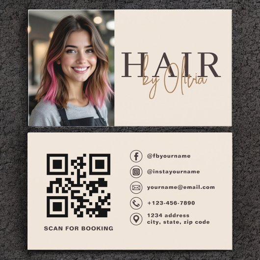 Beige Neutral Photo QR Code Hair Stylist  Visitekaartje