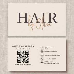 Beige Neutral QR Code Hair Stylist Modern Visitekaartje