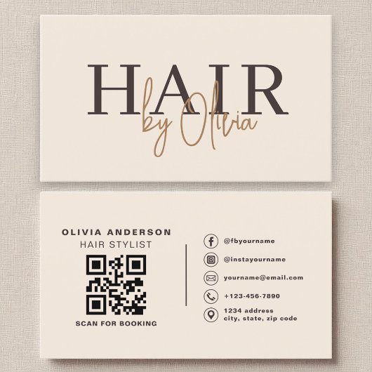 Beige Neutral QR Code Hair Stylist Modern Visitekaartje
