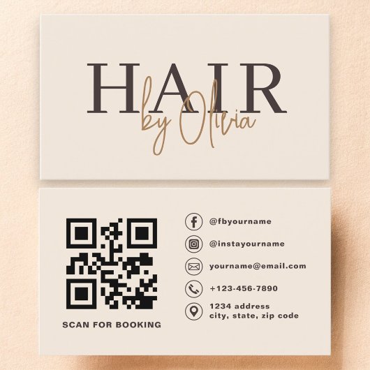 Beige Neutral QR Code Hair Stylist Modern Visitekaartje