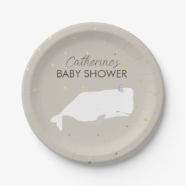 Beige Neutral White Whale Baby shower Papieren Bordje