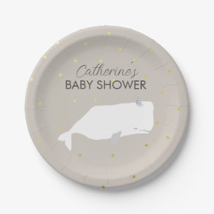 Beige Neutral White Whale Baby shower Papieren Bordje