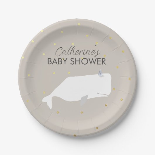 Beige Neutral White Whale Baby shower Papieren Bordje (Voorkant)