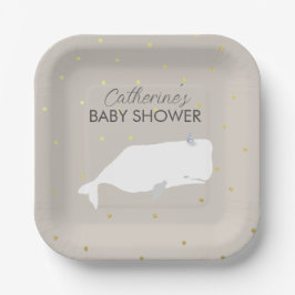 Beige Neutral White Whale Baby shower Papieren Bordje