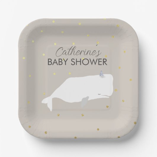 Beige Neutral White Whale Baby shower Papieren Bordje (Voorkant)