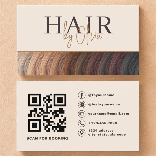 Beige Neutrale Foto QR Code Kapper Visitekaartje