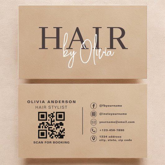 Beige Neutrale Suède QR Code Kapper  Visitekaartje