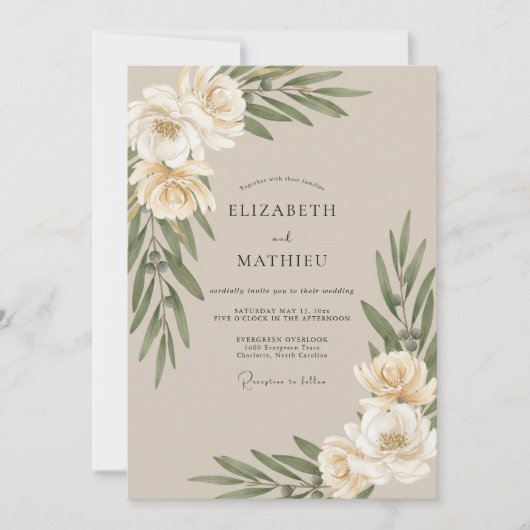 Beige Olijfblad Eucalyptus Bruiloft Kaart (Voorkant)
