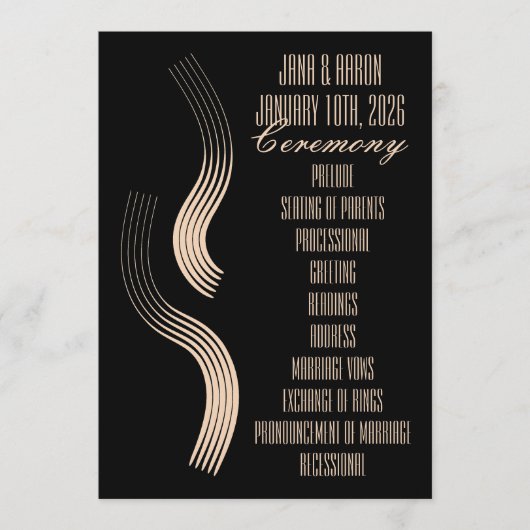 Beige-on-Black Streamline Moderne bruiloft Programmakaart (Voorkant)