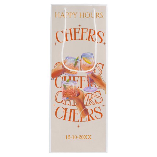 Beige & Orange Retro Typography Cheers Cocktail  Wijn Cadeautas (Voorkant)