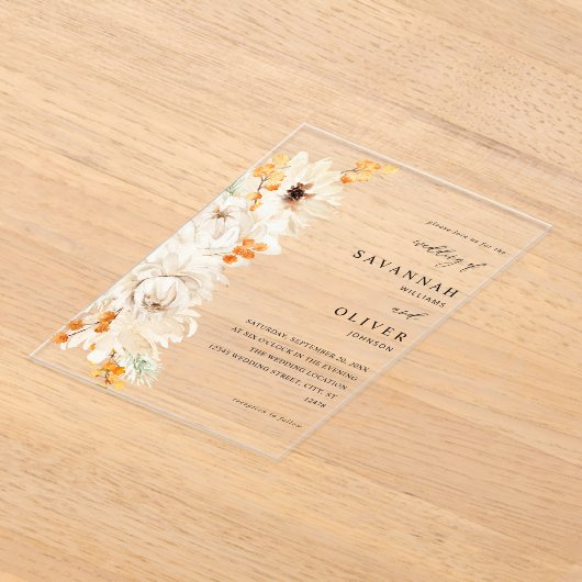 Beige & Oranje Bloem Bruiloft Acryl Uitnodigingen (Laagn)