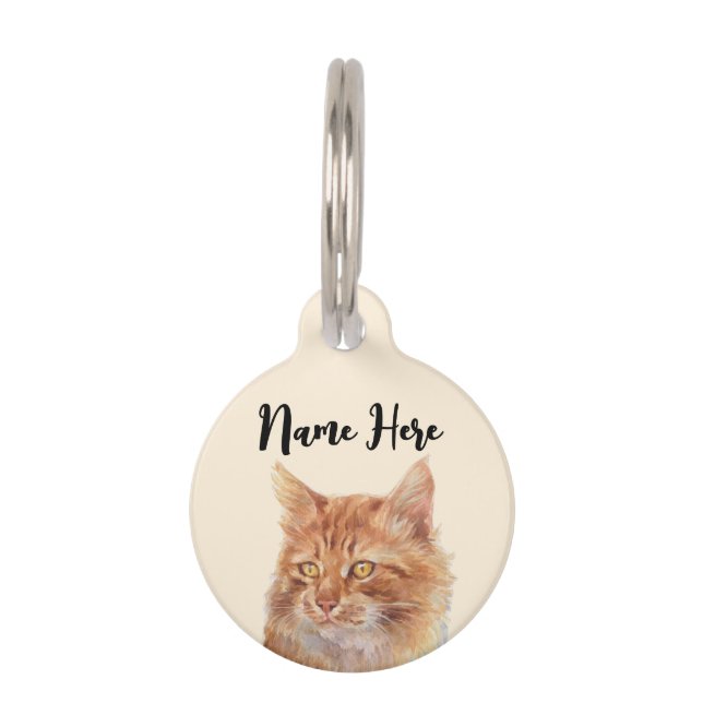 Beige Oranje Zwerf Kat Met Rode Vacht Huisdierpenning (Voorkant)