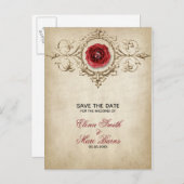 Beige Ornament en Red Rose Aankondigingskaart (Voorkant / Achterkant)