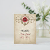 Beige Ornament en Red Rose Aankondigingskaart (Staand voorkant)