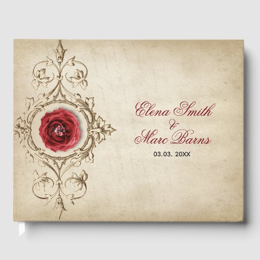 Beige Ornament en Red Rose Gastenboek (Voorkant)