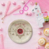 Beige  Ornament en rode roos Papieren Bordje (Feest)