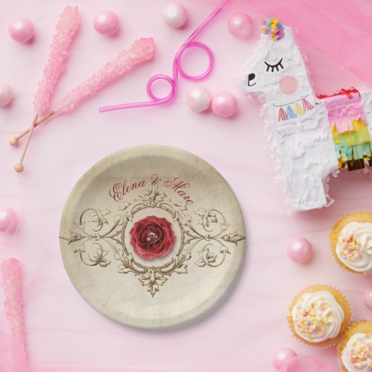 Beige  Ornament en rode roos Papieren Bordje (Feest)