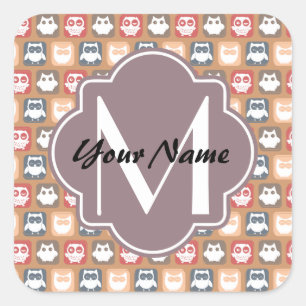 Beige Owls Personalized Monogram and Name Vierkante Sticker