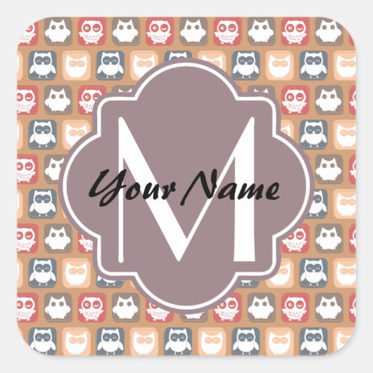Beige Owls Personalized Monogram and Name Vierkante Sticker (Voorkant)