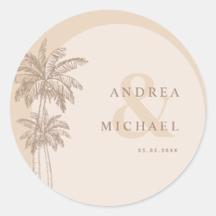 Beige Palmbomen & Ampersand Namen Huwelijk Ronde Sticker