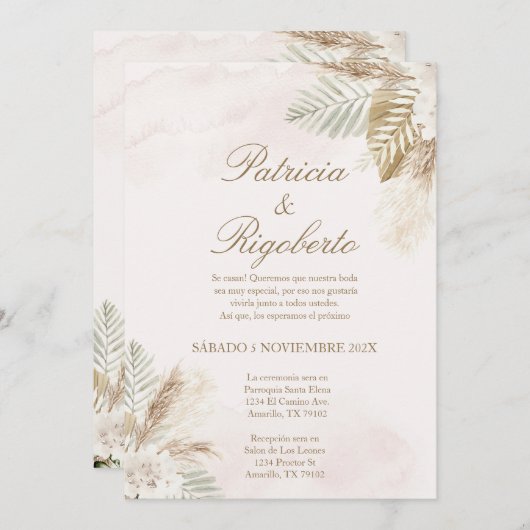 Beige pampas Elegante bruiloft uitnodiging in het  (Voorkant / Achterkant)