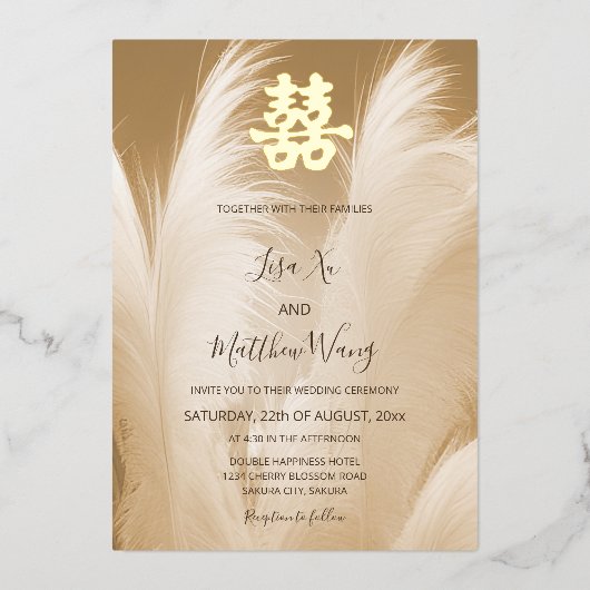 Beige Pampas gras Chinese bruiloft Folie Uitnodiging (Voorkant)