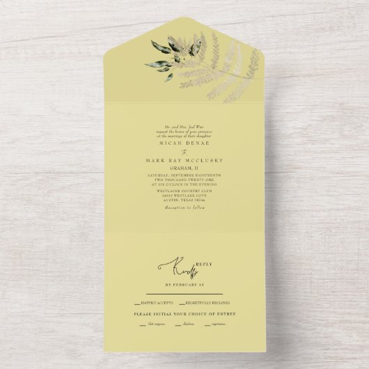 Beige Pampas Yellow Wedding All In One Uitnodiging (Binnen)