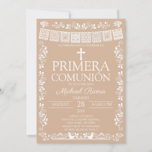 Beige Papel Picado Eerste Communie Kaart