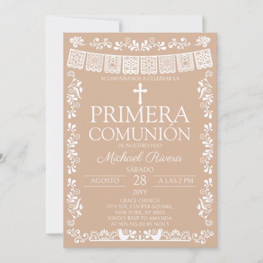 Beige Papel Picado Eerste Communie Kaart (Voorkant)