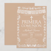 Beige Papel Picado Eerste Communie Kaart (Voorkant / Achterkant)