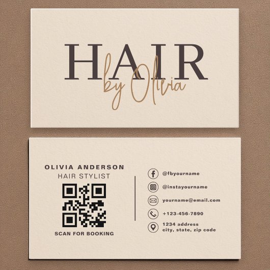 Beige papieren QR-code haarstylist modern Visitekaartje