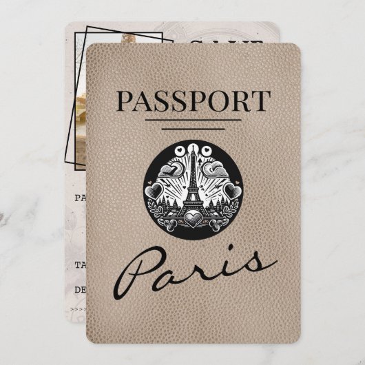 Beige Paris Passport Bewaar de datum Save The Date (Voorkant / Achterkant)
