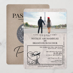 Beige Paris Passport Wedding Kaart
