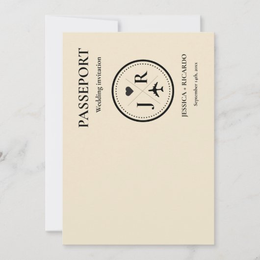 Beige paspoort Monogram Bruiloft uitnodiging (Voorkant)