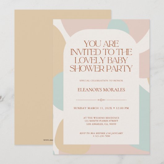 Beige Pastel Minimalistisch Baby shower Partij Kaart (Voorkant / Achterkant)