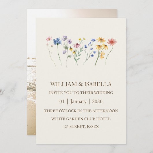 Beige Pastel Wilde Bloem Monogram Foto Kaart (Voorkant / Achterkant)