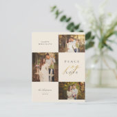 Beige Peace Joy Love Typografie 3 Foto Collage Feestdagenkaart (Staand voorkant)