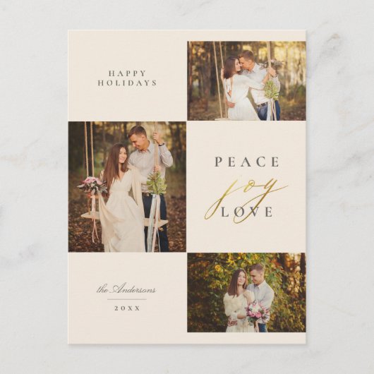 Beige Peace Joy Love Typografie 3 Foto Collage Feestdagenkaart (Voorkant)
