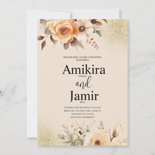 Beige Peach Dreamy Waterverf Bloemen bruiloft Kaart (Voorkant)