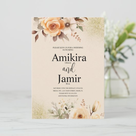 Beige Peach Dreamy Waterverf Bloemen bruiloft Kaart (Staand voorkant)