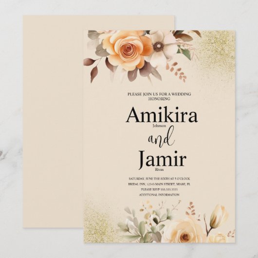 Beige Peach Dreamy Waterverf Bloemen bruiloft Kaart (Voorkant / Achterkant)