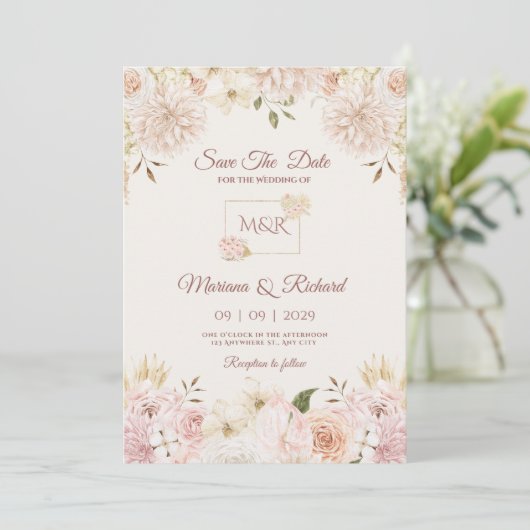 Beige & Peach Wedding Uitnodiging (Staand voorkant)