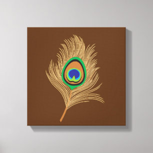 Beige peacock Feather op Chocolate Brown Canvas Afdruk