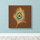 Beige peacock Feather op Chocolate Brown Canvas Afdruk (Insitu (Houten vloer))